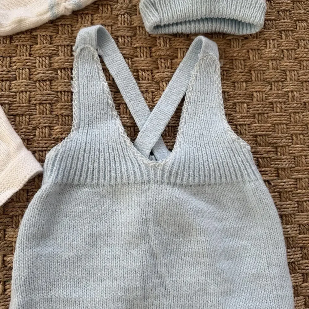Vintage Heirloom Baby Boy’s Crylor Overalls, Cardigan & Knit Hat Baby Blue Set